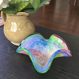 VTG MURANO Italian Art Glass Handblown Rainbow Swirl Centerpiece Bowl Dish 7"